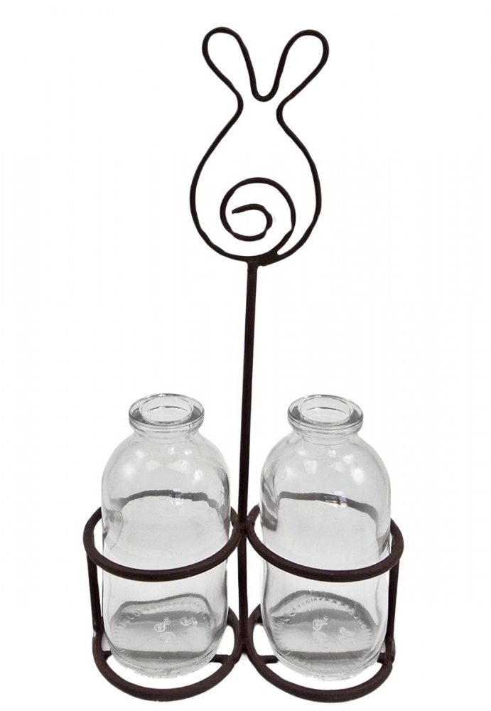 Kartenhalter Flaschenhalter Hase Rost Ständer mit Mini Vase von Madley